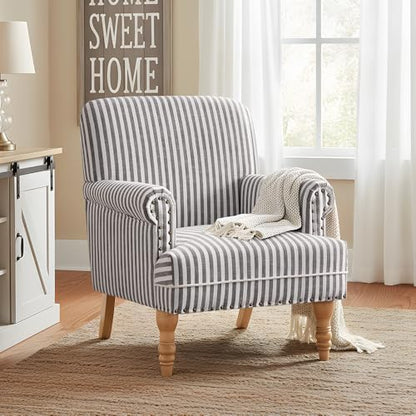 HUIMO Linen Fabric Accent Chair, Mid-Century Modern Upholstered Armchair with Solid Wood Legs, Comfy Reading Club Chair for Living Room Bedroom (1, Dark Grey and White Stripe) - color: Dark Grey and White Stripe