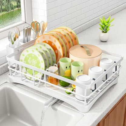 SAYZH Dish Drying Rack for Kitchen Counter with Utensil Holder, White | Stainless Steel, Large Capacity, Angled Drainboard, Rotating Spout, Removable to Clean - color: White