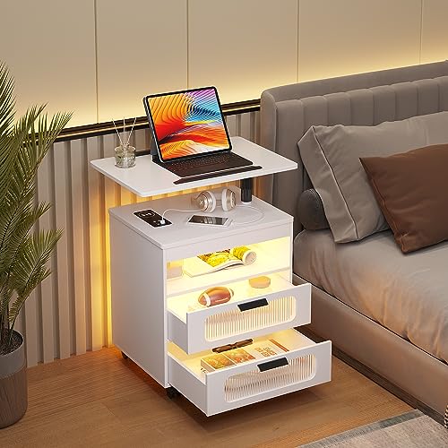 HNEBC Nightstand with Wireless Charging Station, LED Nightstand Has Adjustable Rotary Workstation,Smart Night Stand with 2 Drawers,Modern Bedside Table for Bedroom, Sensor Light/Wheel (White) - color: 9603-1-white