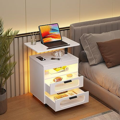 HNEBC Nightstand with Wireless Charging Station, LED Nightstand Has Adjustable Rotary Workstation,Smart Night Stand with 2 Drawers,Modern Bedside Table for Bedroom, Sensor Light/Wheel (White) - color: 9603-1-white
