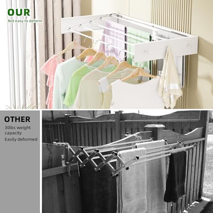 BAKON Wall Mounted Drying Rack 32'', Hidden Clothes Drying Rack for Indoor | Space Saving for Balcony Laundry Room Small Space, 60lbs Capacity, 6 Towel Hooks and 5 Rods, Invisible,Heavy Duty Metal - size: 31.5''【6 Hooks】