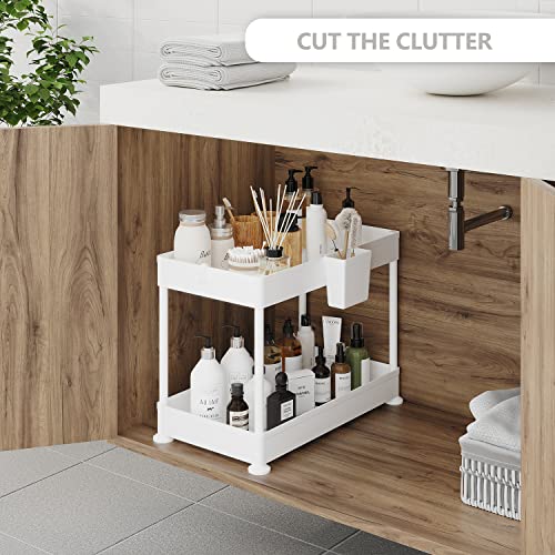 Under Sink Organizers and Storage | Bathroom Cabinet Organizer, Sink Shelf with Utility Hooks and Side Caddy for Under Cabinet Storage | Non Slip Grip Under Kitchen Sink Organizer, White (1-Pack) - color: White, size: Standard - 1 Pack
