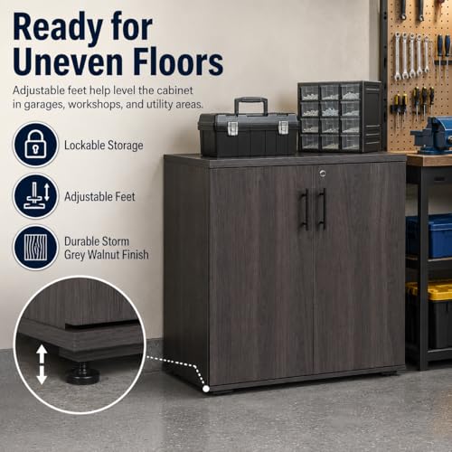 MMT Office Storage Cabinet, Lockable, Storm Grey Walnut - color: Storm Grey Walnut