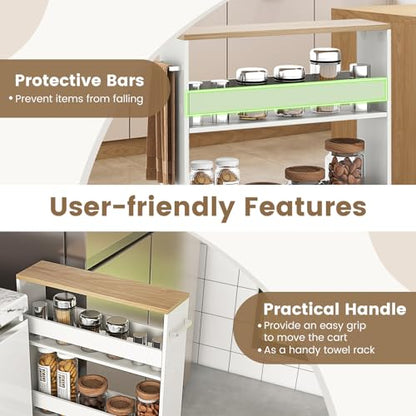 MAT EXPERT Slim Rolling Storage Cart, 4-Tier Freestanding Slim Storage Cart with Wheels 360 Degree & Metal Handle, Wooden Utility Cart for Narrow Kitchen, Laundry Room, Bathroom (White + Natural) - color: White + Natural