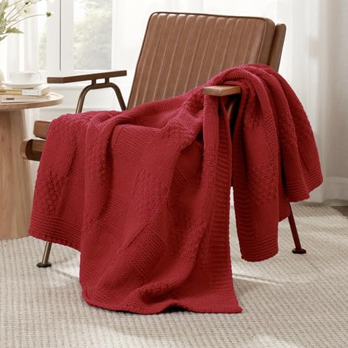 Knit Throw Blanket, Soft Chenille Cozy Breathable Checkered Chunky Decorative Blanket for Couch, Bed & Sofa, French-Inspired Lightweight Warm Gift for Women, Christmas Red, 50"x60" - color: Checkered Christmas Red, size: Checkered Knit 50"x60"