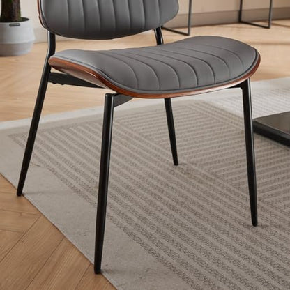 Dining Chairs Set of 2, Mid-Century Modern Upholstered PU Leather Chairs | with Walnut Bentwood Back and Metal Legs Adjustable Feet for Kitchen Dining Living Room, Gray Vertical Stripes - color: Gray Vertical Stripes