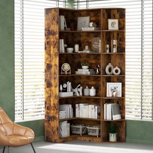 Bookshelves, 6 Tiers Shelf Large Tall Corner Etagere Bookcase with Full Baffle, L-Shaped Modern Storage Display Industrial Book Shelf for Bedroom, Home Office, Living Room & Kitchen, Rustic - color: Rustic
