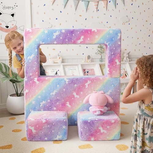 MeMoreCool Glow in Dark Rainbow Kids Couch, Modular Fold Out Play Sofa | Rainbow glow in dark kids couch folds out to bed, fort or chair, machine washable velour - color: Rainbow
