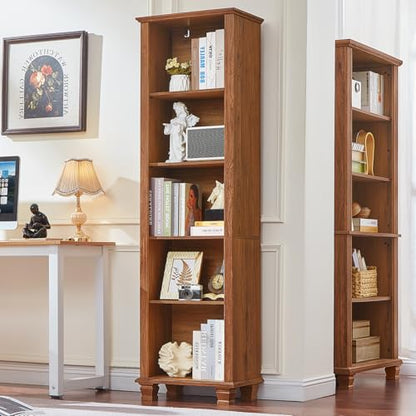 70" Tall Narrow Book Shelf, 5-tire Bookshelf with Adjustable Shelves & Solid Wood Legs, Farmhouse Freestanding Bookcase with Open Storage, Wood Book Case for Office, Living Room, Brown - color: Brown