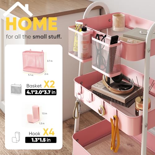 Sekey 3 Tier Rolling Cart, Hanging Cups, Hooks, Heavy Duty Mesh Rolling Storage Cart Organizer with 2 Lockable Wheels for Bathroom, Kitchen, Office, Craft, Makeup, Baby Essentials, Pink - color: Pink
