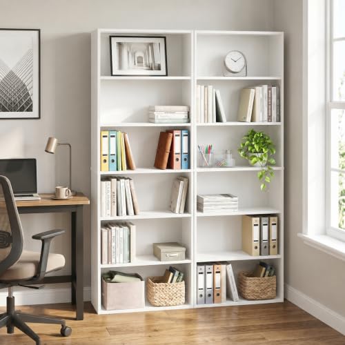 Furinno Jaya Book Shelf Set of 2, 6-Tier Bookshelf, Bookcase, 9.5 x 24.6 x 71, for Home Office, Living Room, White - color: White, size: Set of 2, 6-Tier