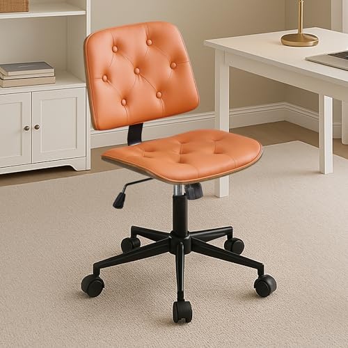 VipDesk Small Armless Desk Chair – PU Leather Mid-Back Ergonomic Office Chair with Adjustable Height, Swivel Wheels, Walnut Frame, Ideal for Small Office, Study, or Bedroom, Orange - color: Orange, size: Button Style