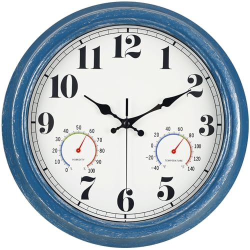 JENLYSTIME 13 Inch Outdoor Clock, Waterproof and Silent, with Thermometer and Hygrometer, Large Numbers for Easy Reading, Perfect for Home,Office,Bedroom,Kitchen,Porch,Garden,Pool(Blue) - color: 13 Blue
