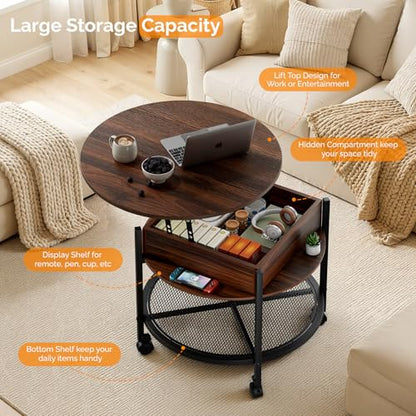 VINGLI 27" Round Lift Top Coffee Table with Wheels & Lights, Walnut | Removable Coffee Table with Hidden Compartment Storage & Metal Shelf, Small Farmhouse Coffee Tables for Living Room, Office - color: Walnut