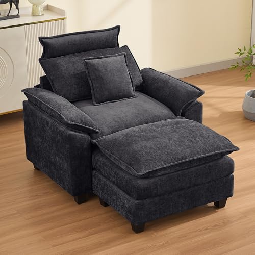 46''Cloud Sofa Chair with Detachable Headrest, Oversized Upholstered Arm Accent Chair with Ottoman, Modern Chenille Reading Lounge Comfy Armchair for Living Room,Bedroom, Dark Grey - color: Dark Grey, size: Oversized Chair with Ottoman