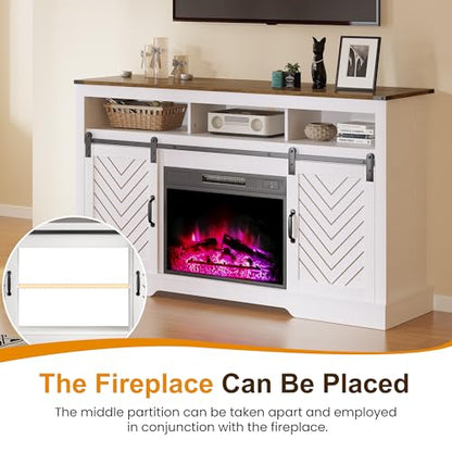 RoyalCraft Farmhouse Fireplace TV Stand for 65+ TV, Entertainment Center with 23" Electric Fireplace with Remote, 34" Tall Modern Rustic TV Console with Sliding Bar Door for Living Room, Antique White - color: White and Rustic Oak, style: Electric Firepla