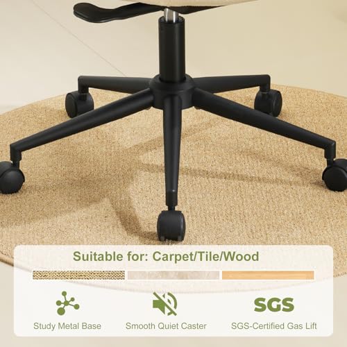 Armless Office Chair with Wheels, Luxury Chenille Swivel Desk Chair with Ergonomic Curved Teardrop Back, Double-Layer Seat, Modern Vanity Chair for Makeup, Home Office, Cream White - color: Cream White, size: Teardrop Back