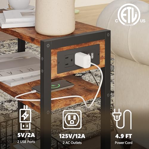 TRIFEBLE Narrow Side Table with Charging Station, Small End Table for Small Spaces, Slim Nightstand with Storage Basket, 3 Tier Skinny Bedside Table for Living Room, Bedroom, Rustic Brown - color: Rustic Brown