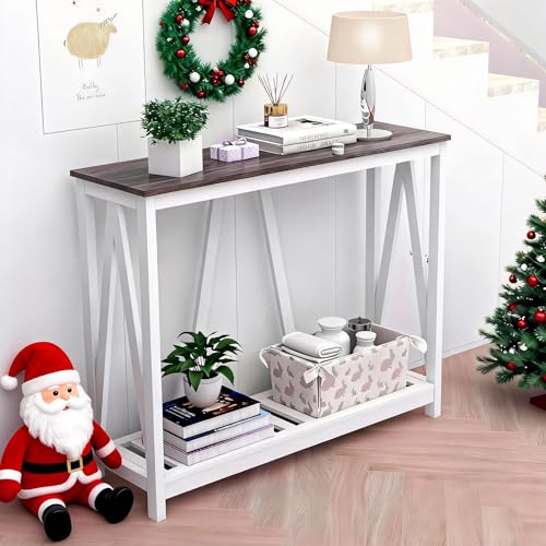Entryway Table, 39" Farmhouse Console Table with Shelf Narrow Foyer Table | | 2-Tier Open Shelf,V-Shape Anti-Tip Legs,Slim Narrow Design,30-Min Easy Assembly,Sofa Table Use,Two-Tone Finish,Dark Oak - color: Dark Oak