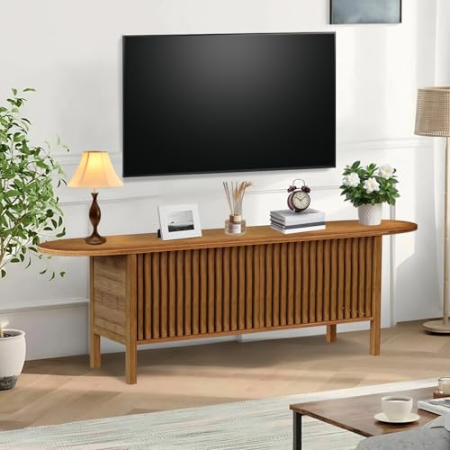Bamboo TV Stand for TVs up to 65", Accent Entertainment Center with Storage, Media Console Table with Fence Door, Modern TV Stand for Living Room, Bedroom, 55"(L), Walnut - color: Walnut Fence