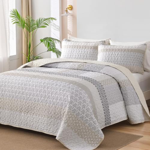 WONGS BEDDING Beige Quilt Queen Size, Boho Striped Bedspread | 3 Pieces Ultra Soft Lightweight Patchwork Bedding Set with 2 Pillow Shams for All Seasons,Reversible Polyester (96"x90") - color: Beige, size: Queen