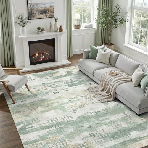 DCX Washable Abstract Area Rug 6x8, Non Slip Low Pile Rug, Sage Green | Easy to clean, non-shedding, soft, kid & pet friendly, with a non-slip rubber backing for living rooms, bedrooms, and offices - color: Green & White, size: 6' x 8'