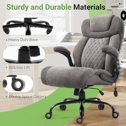 Office Chair, Big and Tall Executive Chair with Air-Lumbar Support, Breathable Desk Computer Chair with Adjustable Flip-up Armrests, Wide Cushion Seat Swivel Home Office Chair - color: Grey