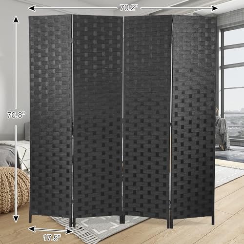 BLKMTY Room Divider, 6ft Folding Privacy Screens, Wall Divider Portable Room Seperating Freestanding Wood Screen, 4 Panels Hand-Woven Design Screen Double Hinged Dividers for Bedroom, Black - color: Black