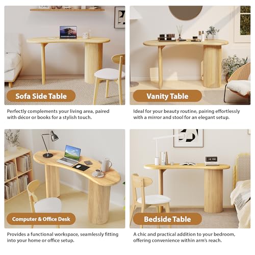 LEVNARY 54.3" Curved Small Computer Desk, Wooden Executive Desk with Sturdy Fluted Legs, Modern Luxury Corner Single Writing Vanity Desk for Bedroom Living Room Home Office (Natural)