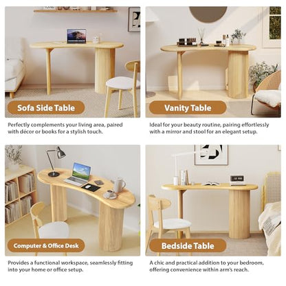 LEVNARY 54.3" Curved Small Computer Desk, Wooden Executive Desk with Sturdy Fluted Legs, Modern Luxury Corner Single Writing Vanity Desk for Bedroom Living Room Home Office (Natural)