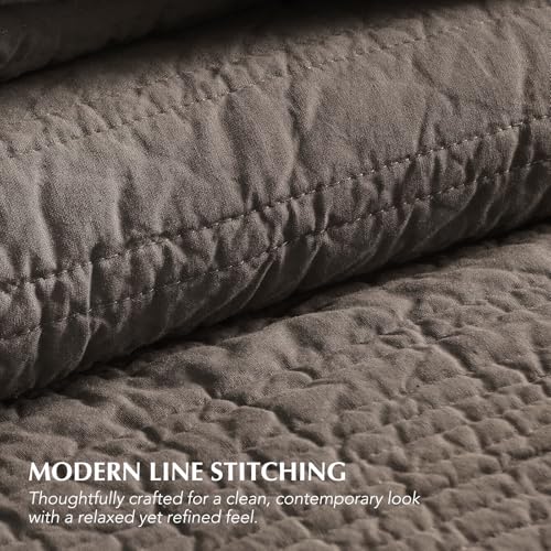EVERGRACEHOME 100% Cotton Modern Lines Quilt Set Queen Size, Mushroom Brown | Pre-Washed Soft Cotton, Striped Coverlet Bedspread, 3 Piece Lightweight Bedding Set for All Season, with 2 Pillow Shams - color: Mushroom Brown, size: Full/Queen (92" X 92")