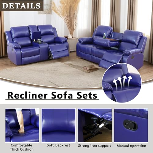 A Ainehome Living Room Furniture Set Leather Recliner Sofa Set Loveseat Chair Furniture Sofa Set for Living Room/Small Space/Rv/House/Office/Theater Seating (A-Blue Leather, Sofa+Loveseat) - color: A-blue Leather, size: Sofa+Loveseat