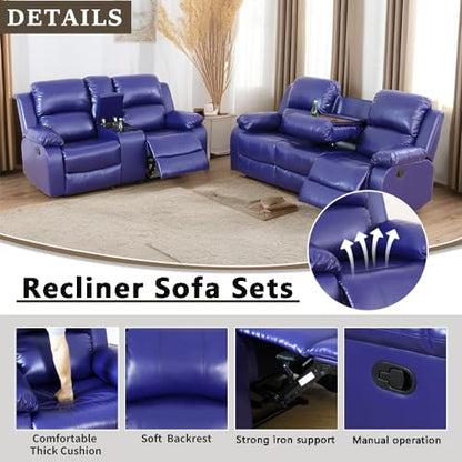 A Ainehome Living Room Furniture Set Leather Recliner Sofa Set Loveseat Chair Furniture Sofa Set for Living Room/Small Space/Rv/House/Office/Theater Seating (A-Blue Leather, Sofa+Loveseat) - color: A-blue Leather, size: Sofa+Loveseat