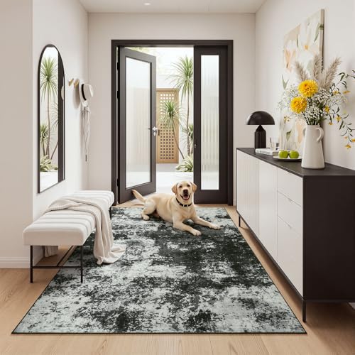 3x5 Back Grey Area Rug Washable Non-Slip Low Pile Entryway Carpet | Stain Resistant, Soft Faux Wool, Abstract Design, for Entryway, Bedroom, Small Living Room, Kitchen - color: Black Grey, size: 3' x 5'(36''x60'')