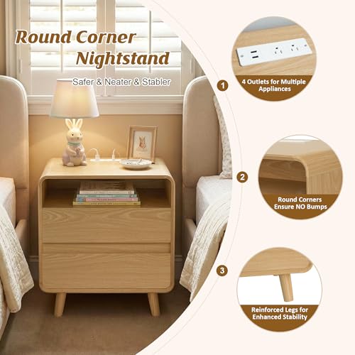 Nasonet Modern Nightstands Set of 2 with Charging Station, Wood End Table Bedroom Nightstands with Drawers, Wide Curved Bedside Table Set 2 for Bedroom, Living Room, Oak - color: Oak, size: 2 Drawers