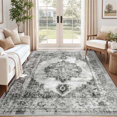 Area Rug 5x7 Vintage Rugs: Washable Indoor Medallion Rug Low Pile Distressed Floor Carpet Retro Accent Rugs for Living Room Bedroom Kitchen Dining Table Home Office(Black, 5'x7') - color: Black, size: 5' x 7' (Rectangular)