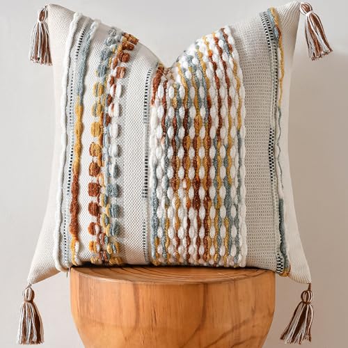 Chenille Striped Textured Boho Throw Pillow Covers Aesthetic with Tassels Woven Decorative Pillow Case for Couch Bed Sofa Bedroom Modern Funky 18 x 18-Inch Brown - color: Brown, size: 18" x 18" (Pack of 1)