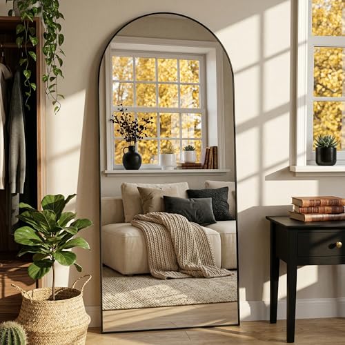 Full Length Mirror, 71"x32" Arched Full Body Mirror, Floor Mirrors with Stand, Body Mirrors Standing Hanging Leaning Against Wall,Aluminum Frame Mirrors for Bedroom Cloakroom,Living Room,Black - color: Black, size: 71"L x 32"W