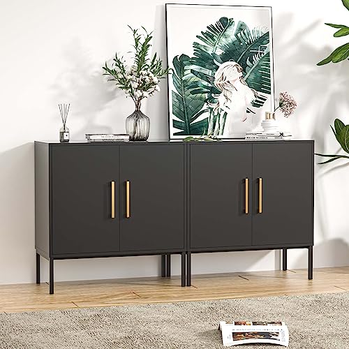 Set of 2 Storage Cabinets with Adjustable Shelf and Gold Handle, Black丨Buffet Cabinet with Storage, Accent Cabinet with Metal Legs, Sideboard Cabinet for Living Room, Bedroom, Hallway, Entryway - color: Black, size: 2 Pack