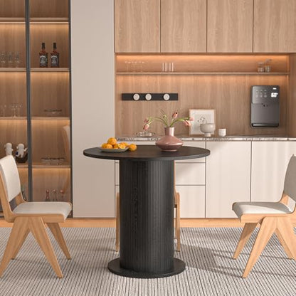 31.5 inch Round Dining Table for 2, Modern Farmhouse Kitchen Table | Small Circle Dining Tables with Wood Strip Base for Kitchen Living Room - color: Black