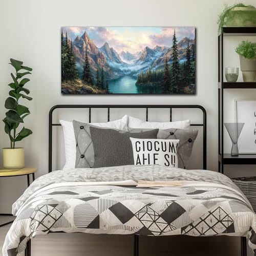 Nature Landscape Canvas Wall Art Green Pine Tree River Mountains Decor | 40x20 Inch Living Room Art Wall Decor, Wall Art for Bedroom,Hallway Hotel Home Office Wall Decoration Ready to Hang - color: Blue Green, size: 40"L x 20"W