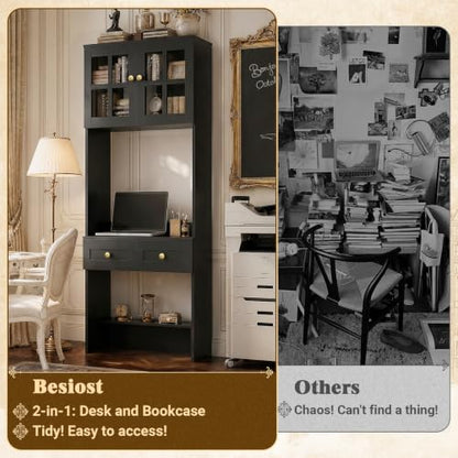 Besiost Farmhouse Desk with Glass Hutch, Small Writing Study Desk with Drawers, Multi-Function Desk for Home Office, Bedroom, Kitchen, Black (27.6" L × 11.8" D × 80" H) - color: Black, size: 27.6"
