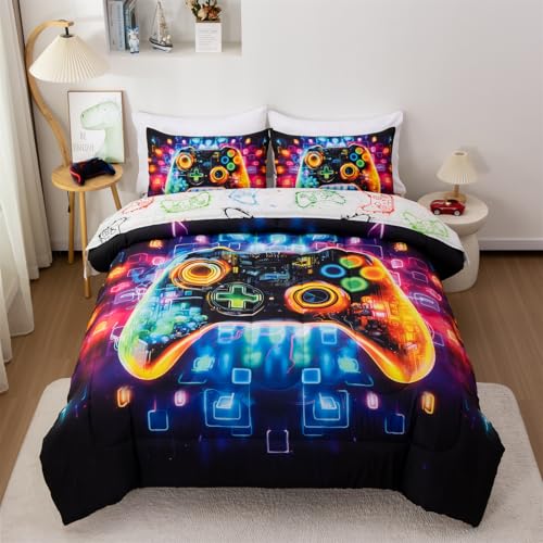 Aimuan Gamer Gaming Bedding Sets 3D Gamepad Comforter Sets for Boys Games Console Action Buttons Novelty Colorful Game Controller Modern Room Decor Home Quilt Set (Black-Blue, Full) - color: Black-blue, size: Full