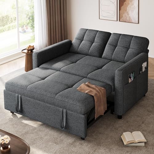 YITAHOME 55" Convertible Sofa Bed | 3-in-1 Sleeper Sofa with Iron Frame Pull-Out Bed, Linen Futon Couch with Reclining Backrest and Side Pocket, Modern Loveseat - color: Grey, size: 71.2 x 46.4in
