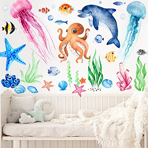 4 Sheets Ocean Fish Wall Decals Stickers Sea Wall Decal Stickers Removable Sea Life Marine Animal Sticker Underwater Ocean Creatures Decor for Kids Girls Boy Nursery Bedroom Bathroom | Vivid Sea Life and Marine Animal Sticker,Removable,Underwater Ocean Cr