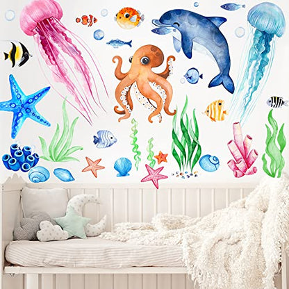 4 Sheets Ocean Fish Wall Decals Stickers Sea Wall Decal Stickers Removable Sea Life Marine Animal Sticker Underwater Ocean Creatures Decor for Kids Girls Boy Nursery Bedroom Bathroom | Vivid Sea Life and Marine Animal Sticker,Removable,Underwater Ocean Cr