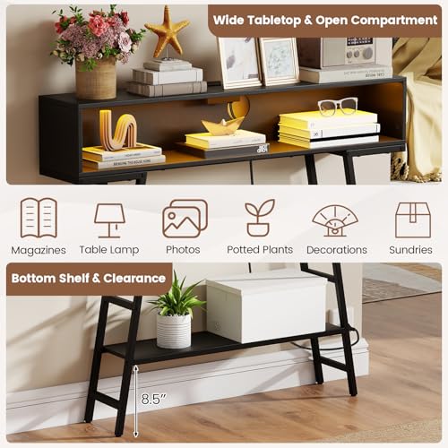 GIANTEX Modern Console Table with Charging Station & LED Lights | 40" Entryway Table with Storage Shelves, 3-Tier Display Shelf for Small Space, Sofa Table for Living Room, Black - color: Black
