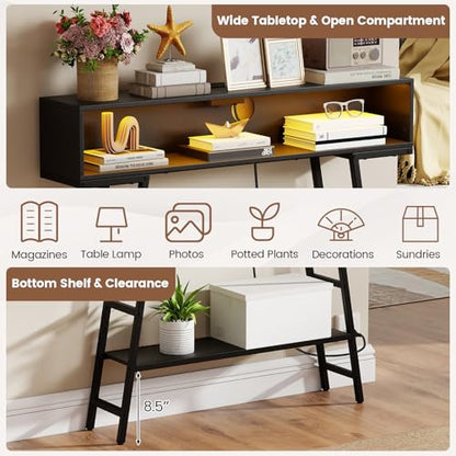 GIANTEX Modern Console Table with Charging Station & LED Lights | 40" Entryway Table with Storage Shelves, 3-Tier Display Shelf for Small Space, Sofa Table for Living Room, Black - color: Black