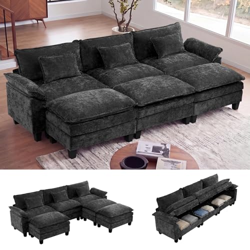 118" Modular Sectional Sofa with Storage, Comfy Cloud Couch Sleeper | Chaise Lounge, Deep Seat, Moveable Ottoman, Throw Pillows, Cloud Comfort Couches for Living Room Bedroom, Chenille Black - color: Black, size: 118"- 6 Seat