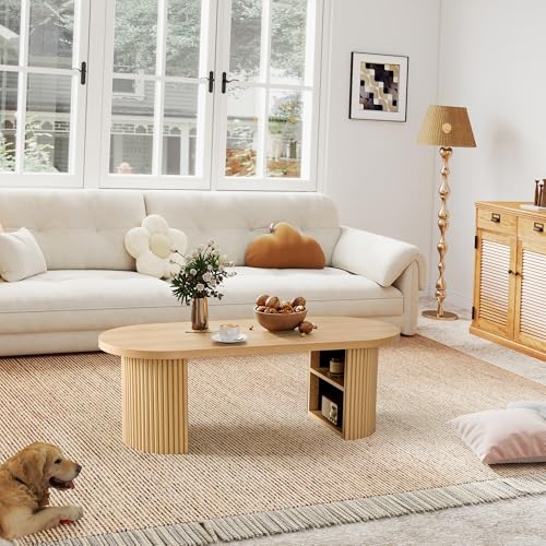 Oval Fluted Coffee Table, 47" Farmhouse Wood Coffee Table Mid Century Modern Center Table Boho Living Room Tables for Living Room Office,Natural - color: Natural, size: 19.69"D x47.2"W x 15.74"H